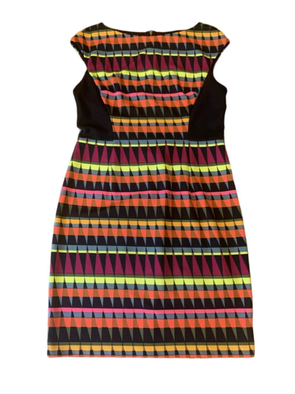 Signature London Style Dress 12 Black w/ multi color geometric Design Sleeveless